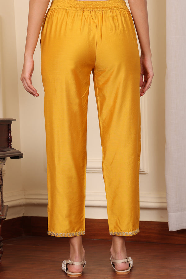 Yellow Straight Pants With Embroidered Hemline