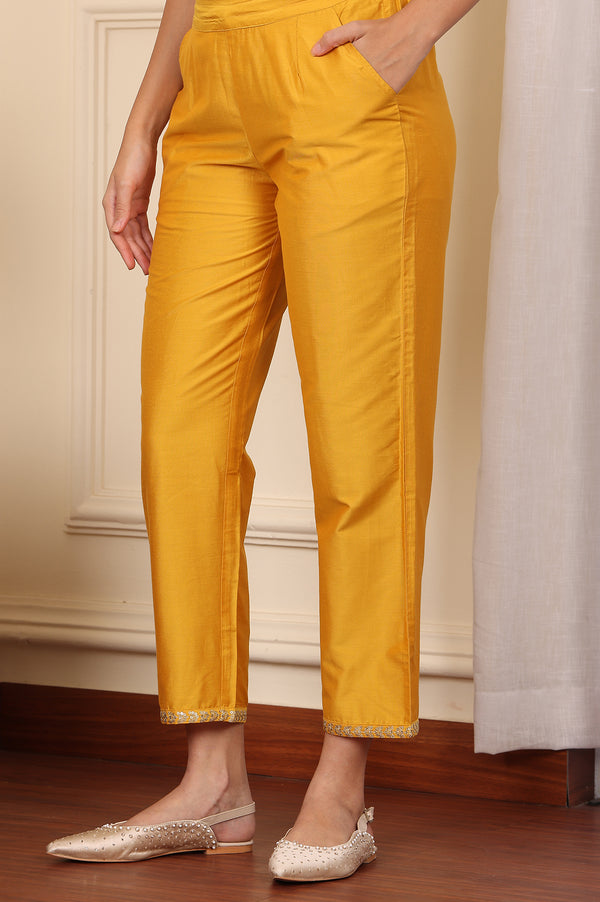 Yellow Straight Pants With Embroidered Hemline