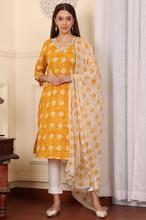 White And Yellow Floral Printed Chiffon Dupatta With Gota Patti Border