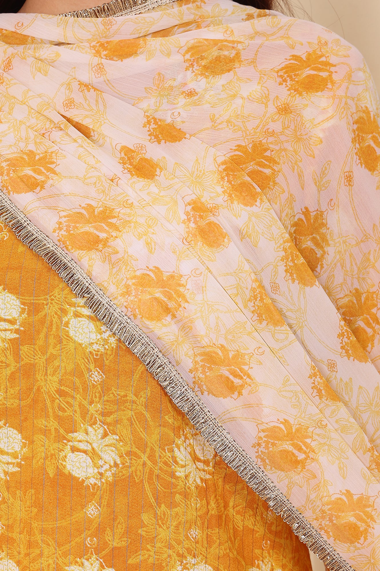 White And Yellow Floral Printed Chiffon Dupatta With Gota Patti Border