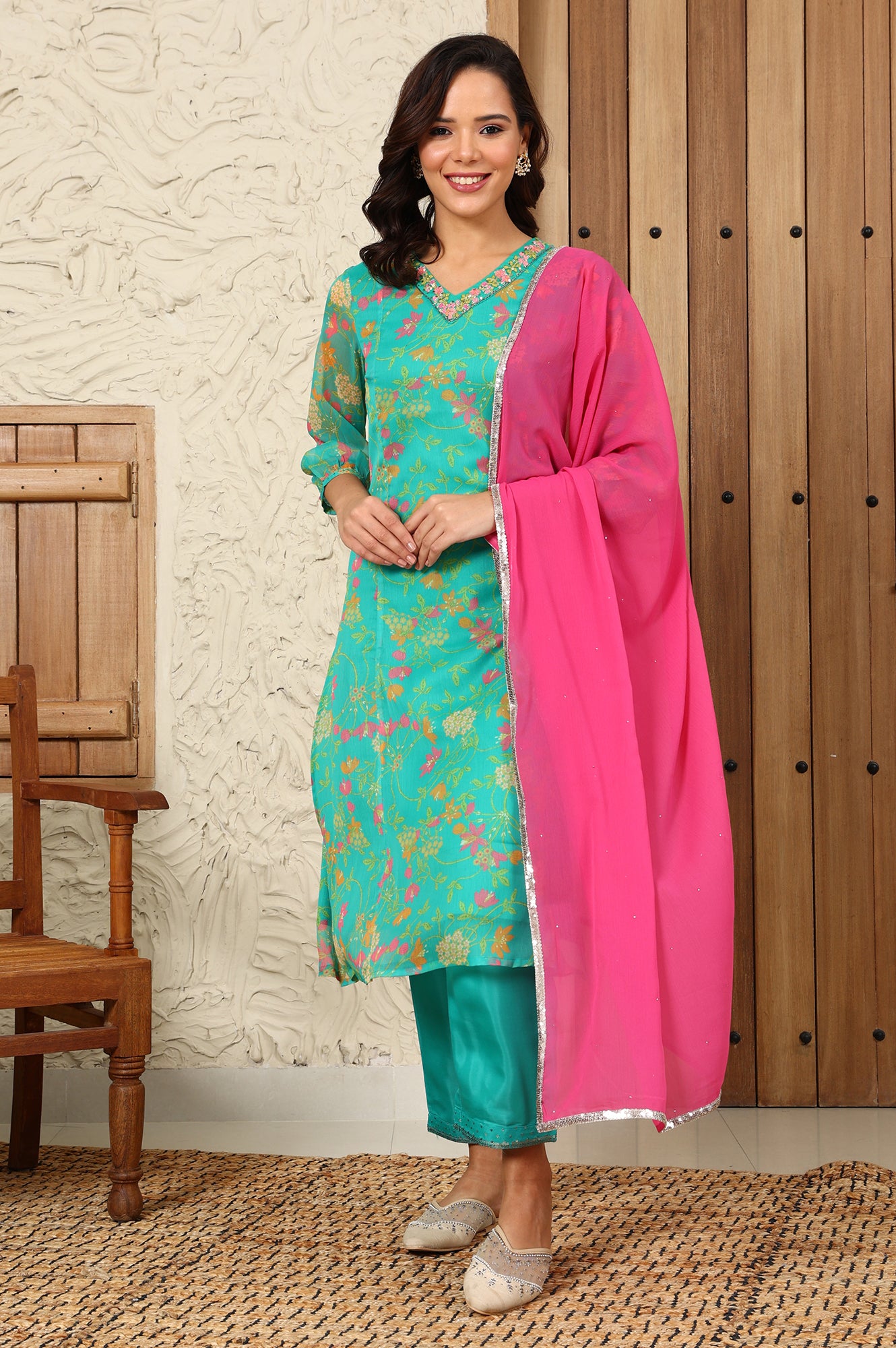 Pink Chiffon Golden Mukaish Dupatta With Gota Patti Border