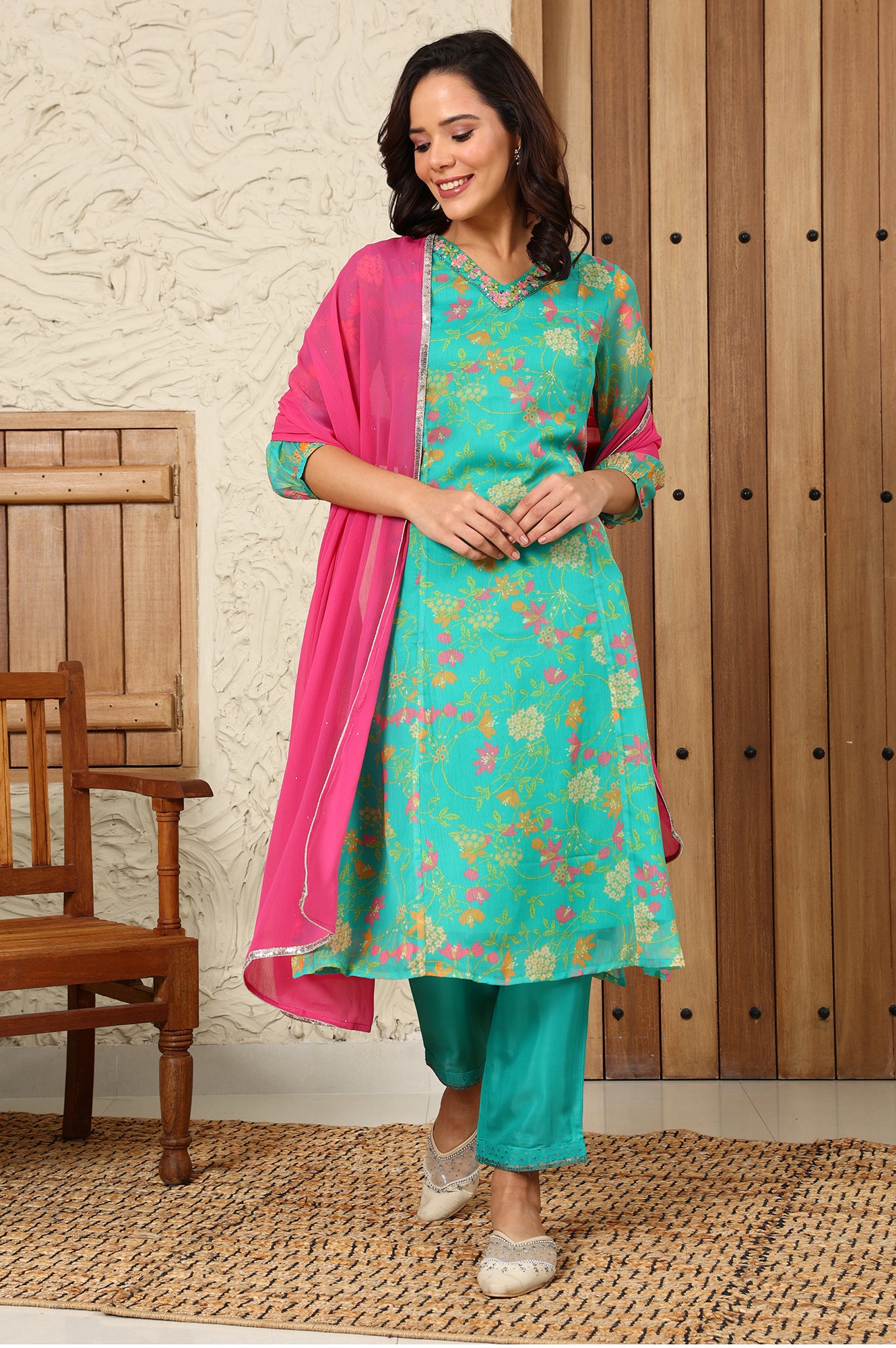 Pink Chiffon Golden Mukaish Dupatta With Gota Patti Border