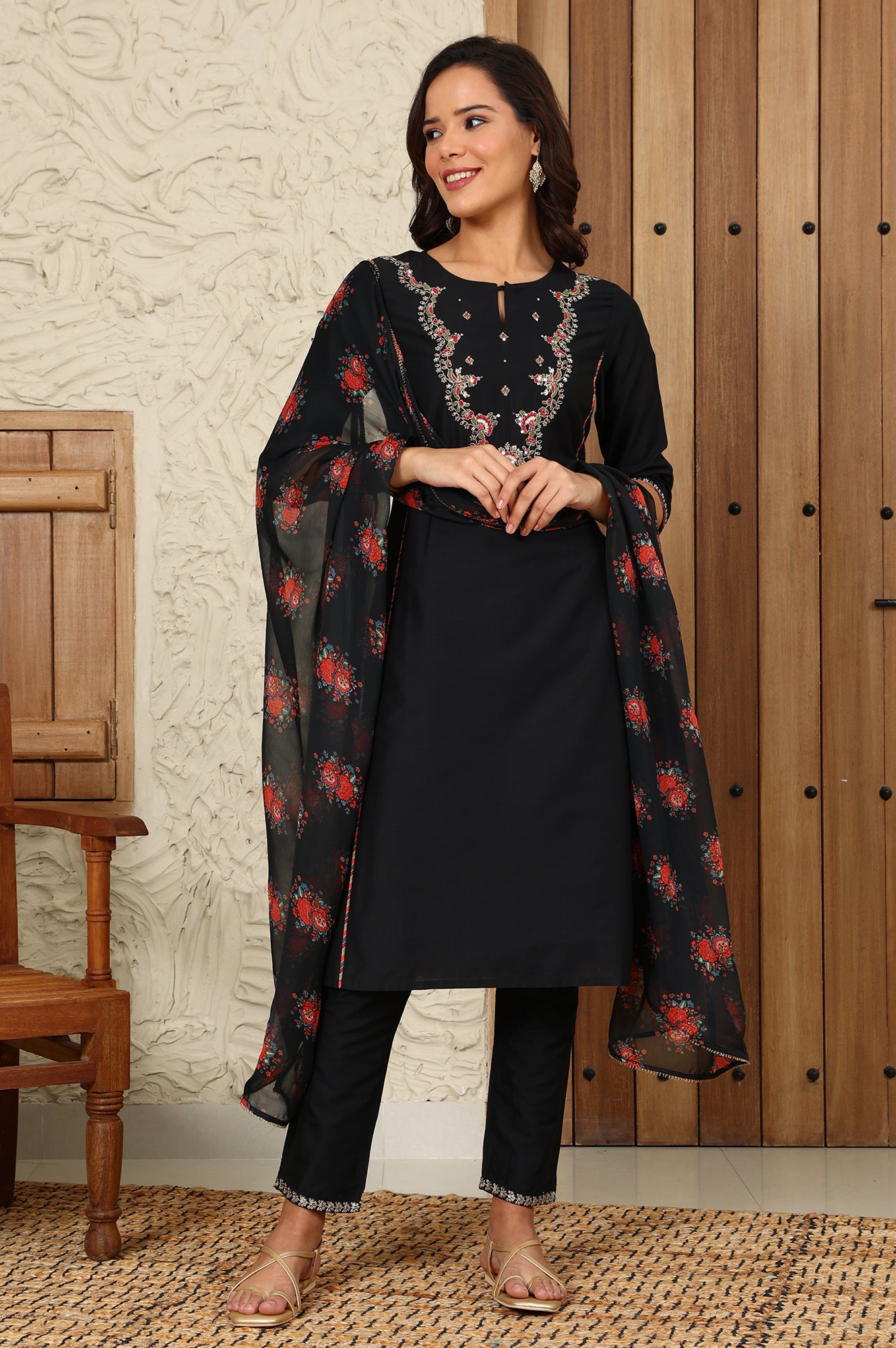 Black Floral Printed Chiffon Dupatta