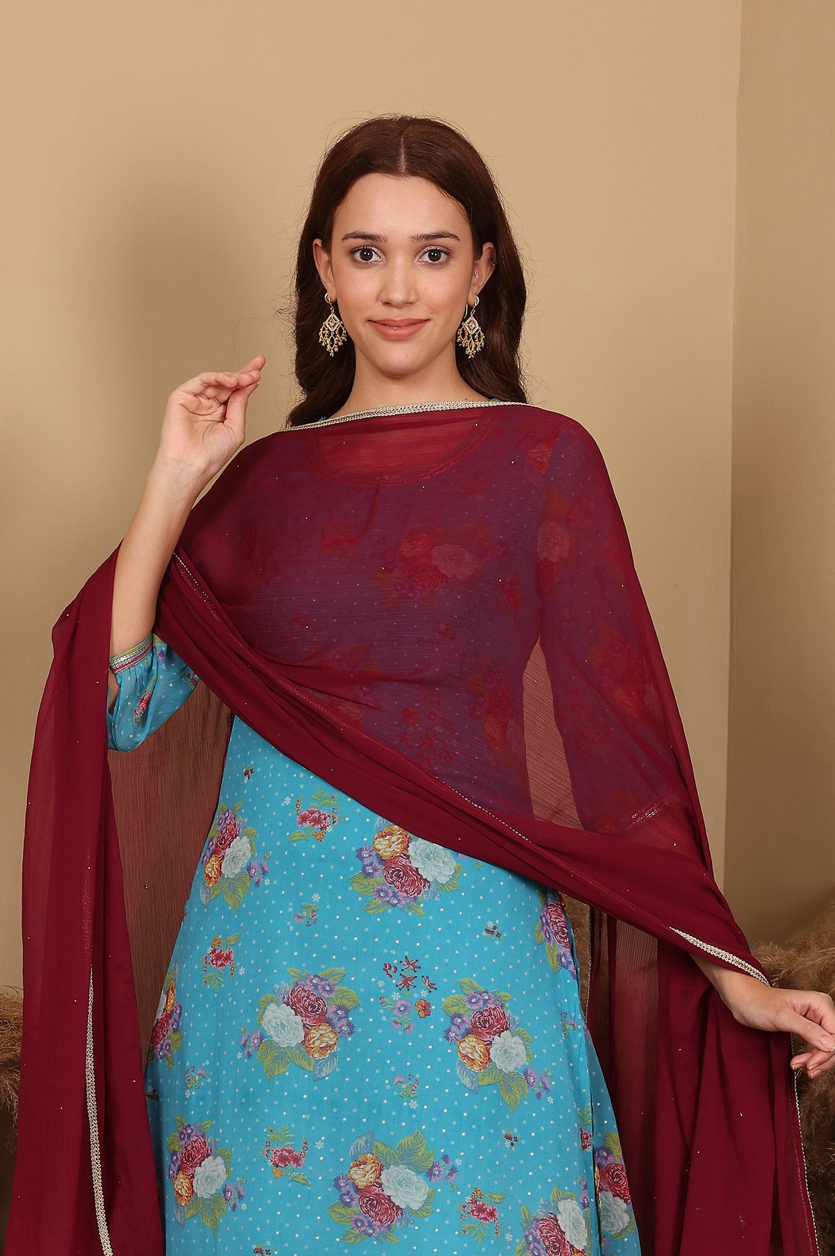 Wine Gold Mukaish Chiffon Dupatta With Gota Patti - WFS
