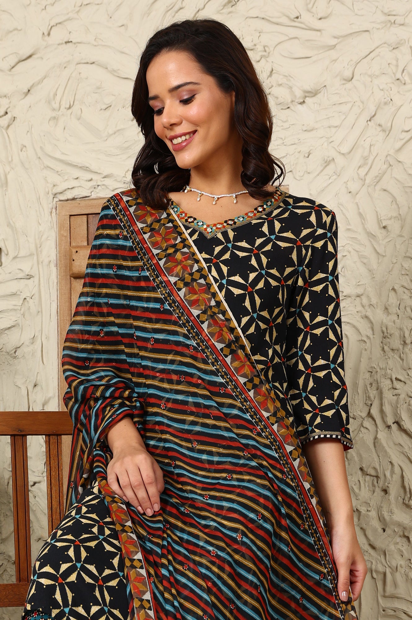 Multi-Coloured Stripe Printed Chiffon Dupatta