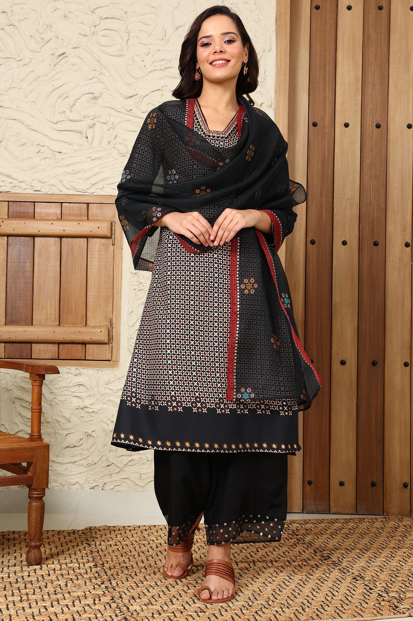 Black Floral Printed Kota Dupatta