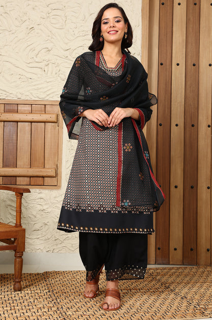 Black Floral Printed Kota Dupatta
