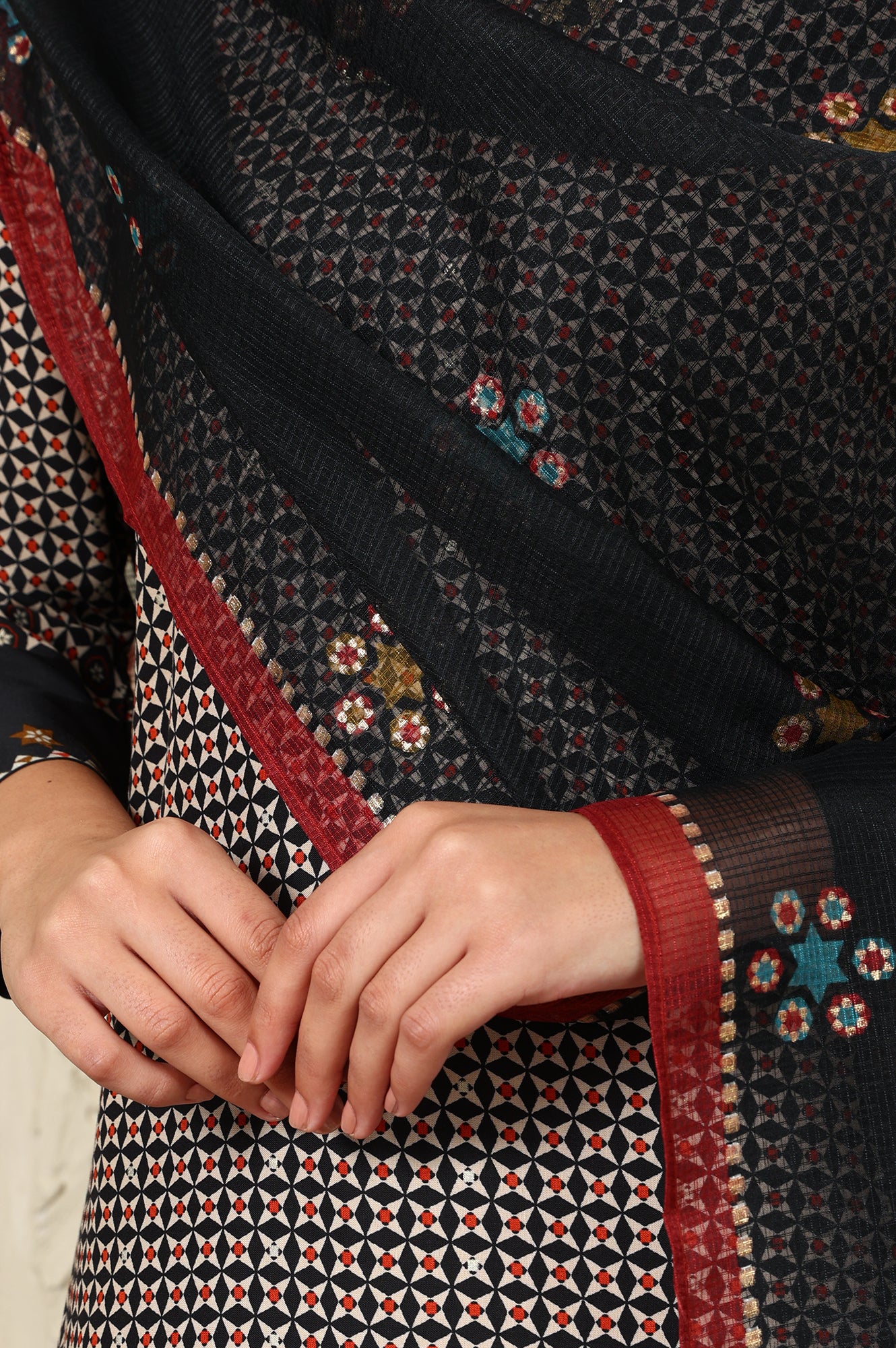 Black Floral Printed Kota Dupatta