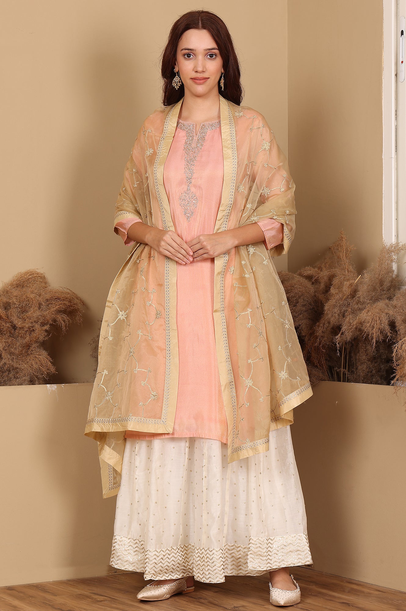Gold Solid Embroidered Gota Rectangular Organza Dupatta