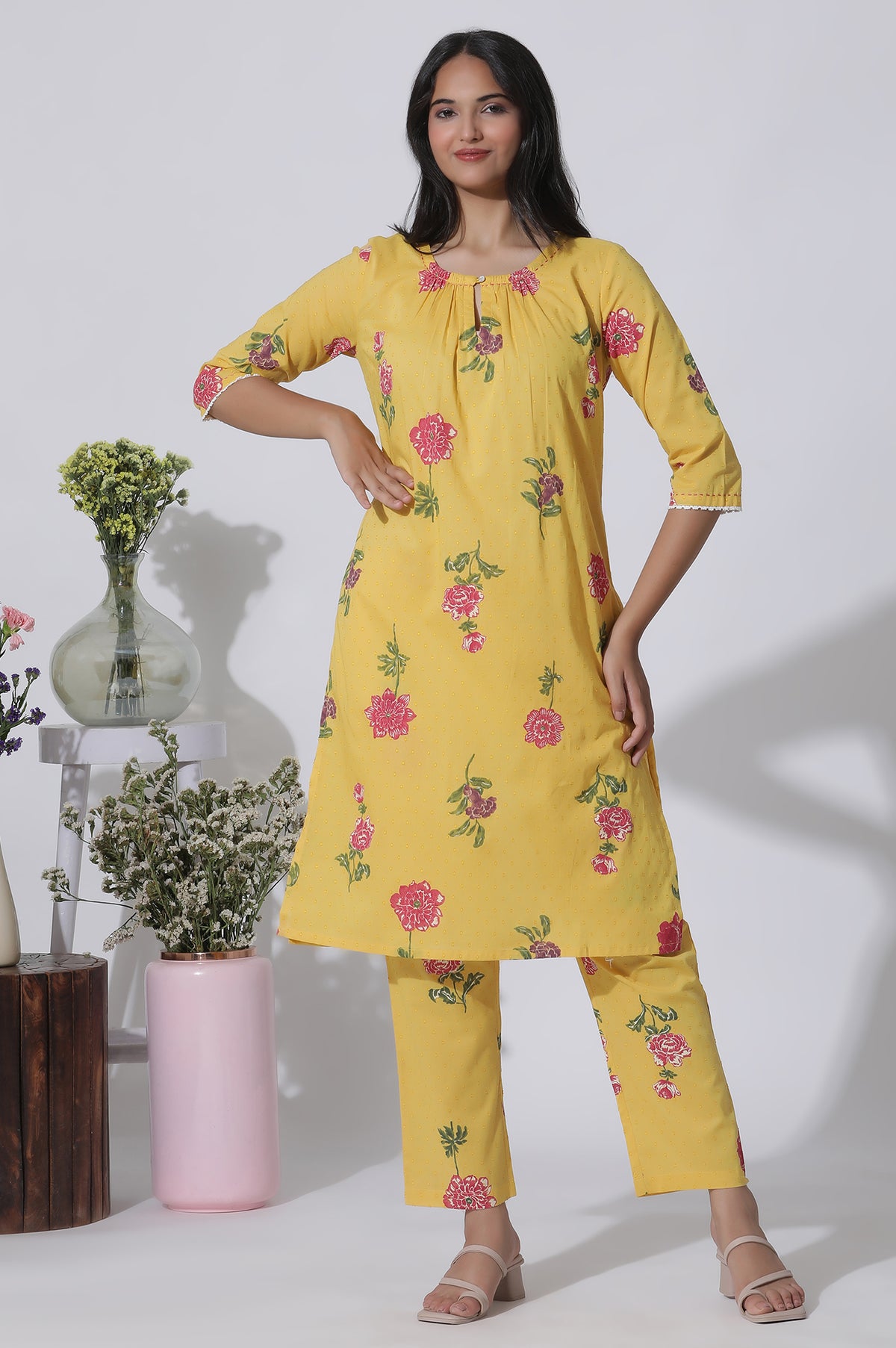 Buttercup Yellow Floral Printed A-Line Cotton Kurta And Pants Co-Ord Set - XS