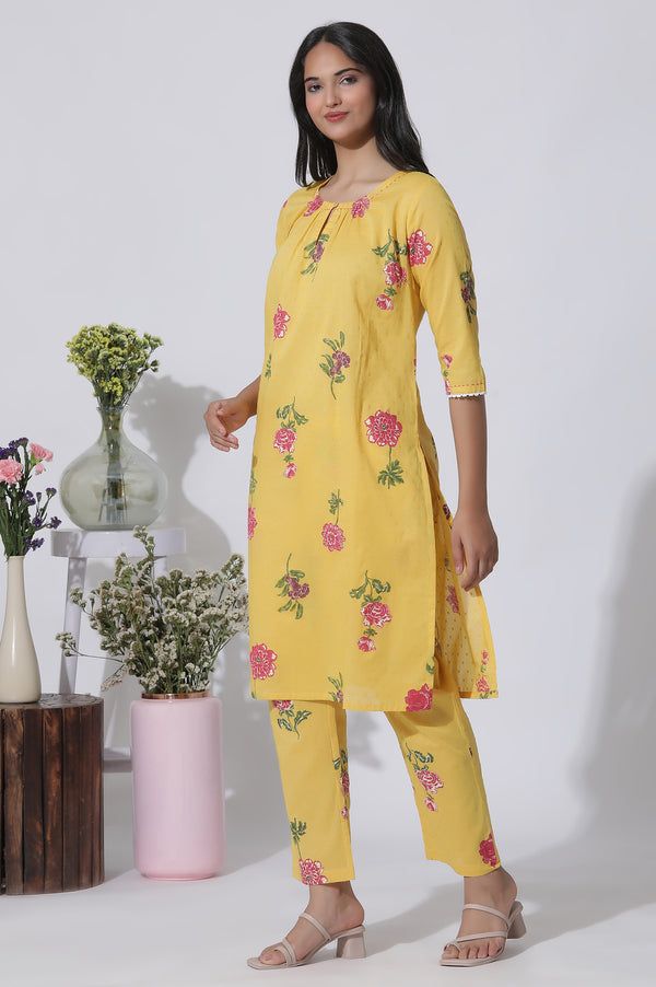 Buttercup Yellow Floral Printed A-Line Cotton Kurta And Pants Co-Ord Set