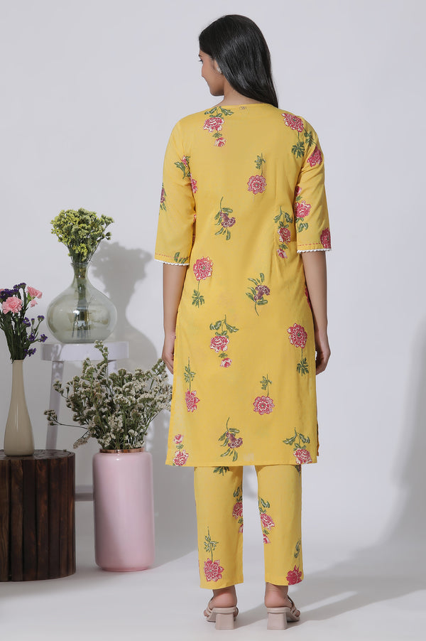 Buttercup Yellow Floral Printed A-Line Cotton Kurta And Pants Co-Ord Set