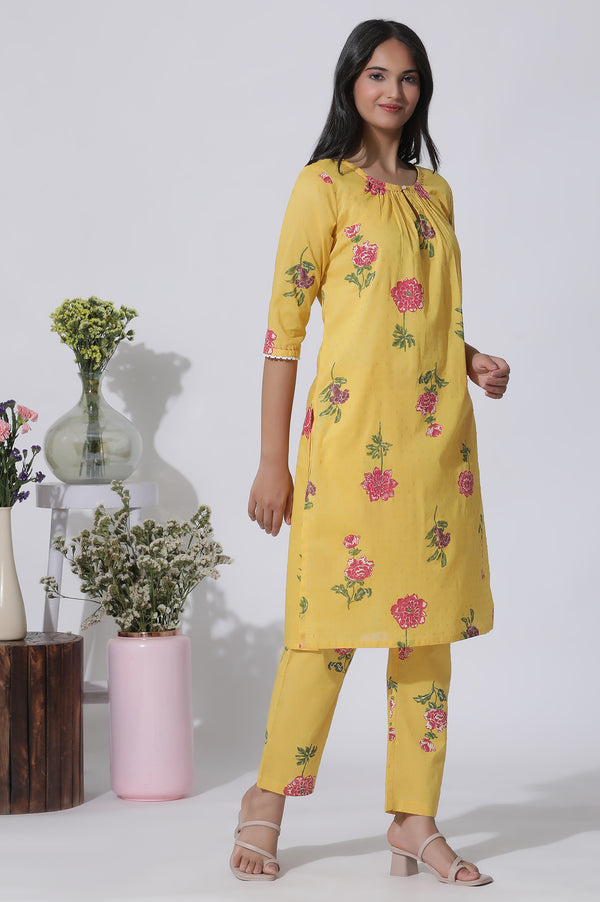 Buttercup Yellow Floral Printed A-Line Cotton Kurta And Pants Co-Ord Set