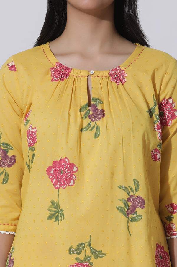 Buttercup Yellow Floral Printed A-Line Cotton Kurta And Pants Co-Ord Set