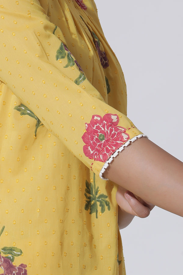 Buttercup Yellow Floral Printed A-Line Cotton Kurta And Pants Co-Ord Set