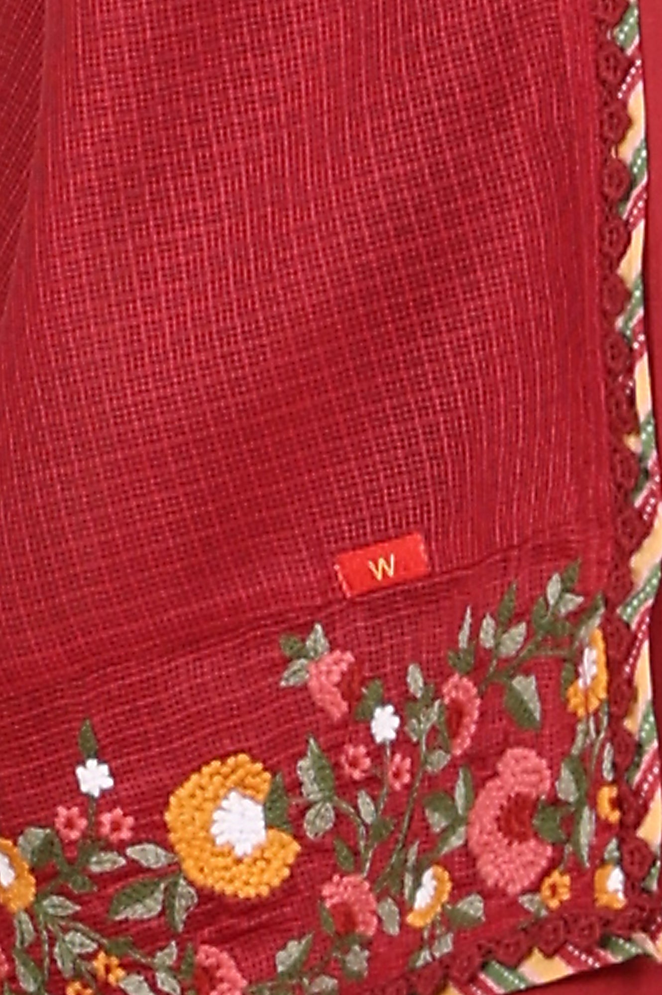 Maroon Floral Thread Embroidered Gathered Pure Cotton Sleeveless Kurta, Pants And Dupatta Set