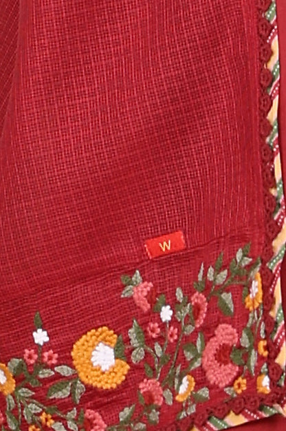 Maroon Floral Thread Embroidered Gathered Pure Cotton Sleeveless Kurta, Pants And Dupatta Set