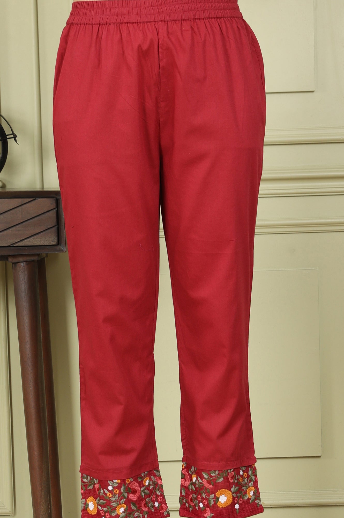 Maroon Floral Thread Embroidered Gathered Pure Cotton Sleeveless Kurta, Pants And Dupatta Set - wforwoman