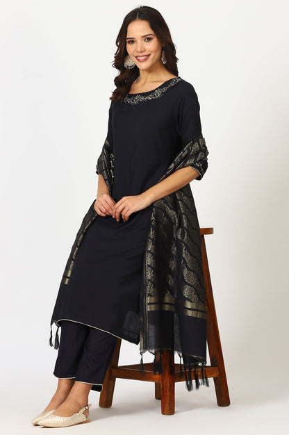 Navy Blue Thread Embroidered Straight Kurta with Pants and Dupatta Set