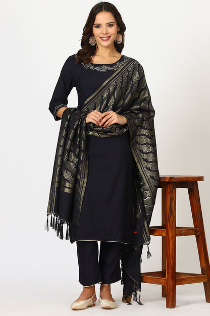 Navy Blue Thread Embroidered Straight Kurta with Pants and Dupatta Set