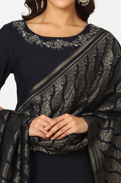 Navy Blue Thread Embroidered Straight Kurta with Pants and Dupatta Set