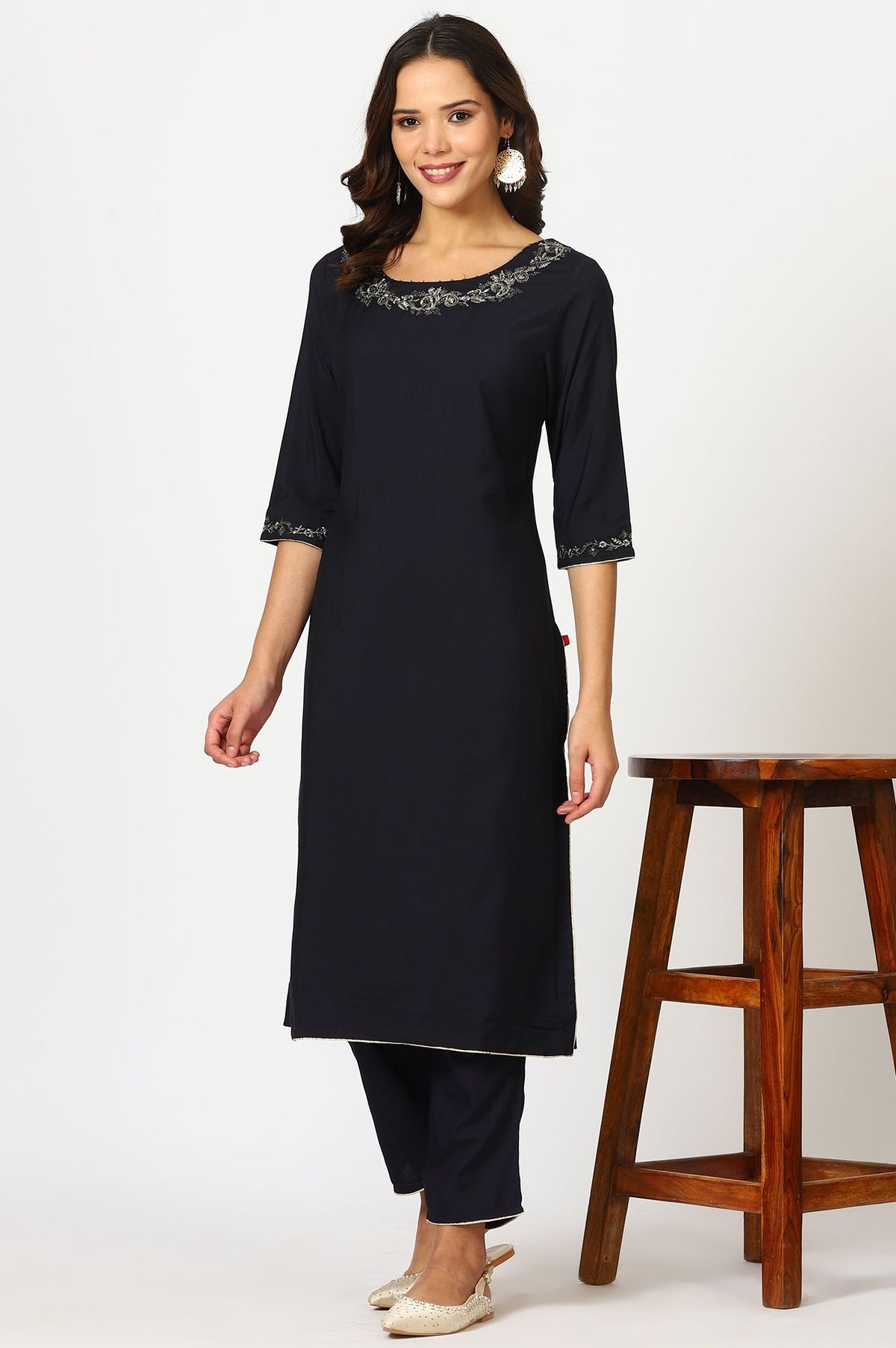 Navy Blue Thread Embroidered Straight Kurta with Pants and Dupatta Set