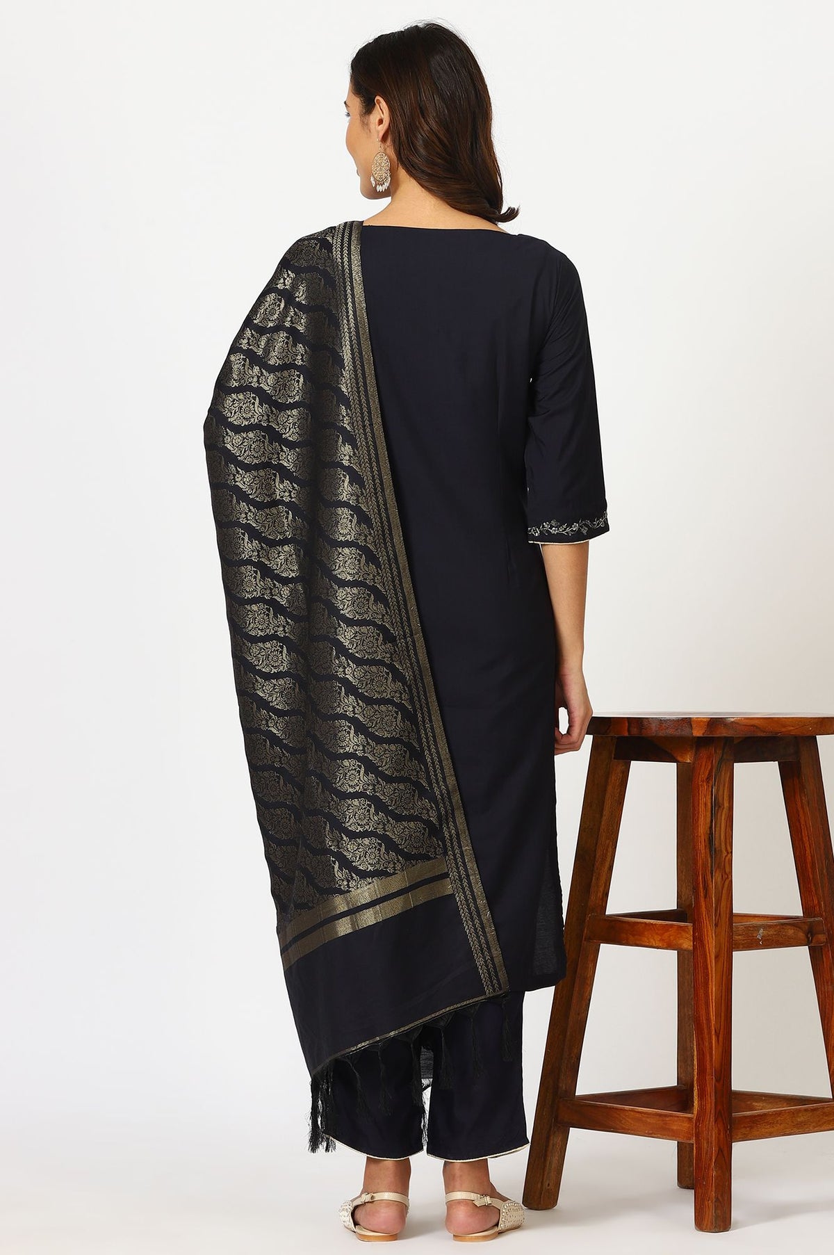 Navy Blue Thread Embroidered Straight Kurta with Pants and Dupatta Set