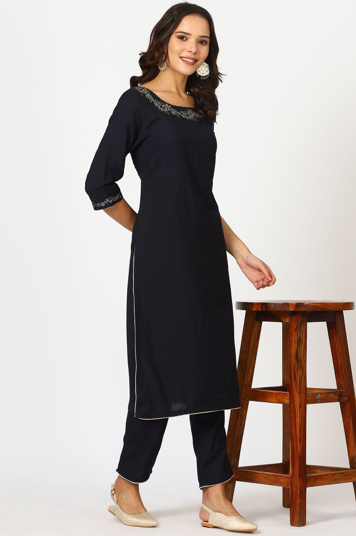 Navy Blue Thread Embroidered Straight Kurta with Pants and Dupatta Set