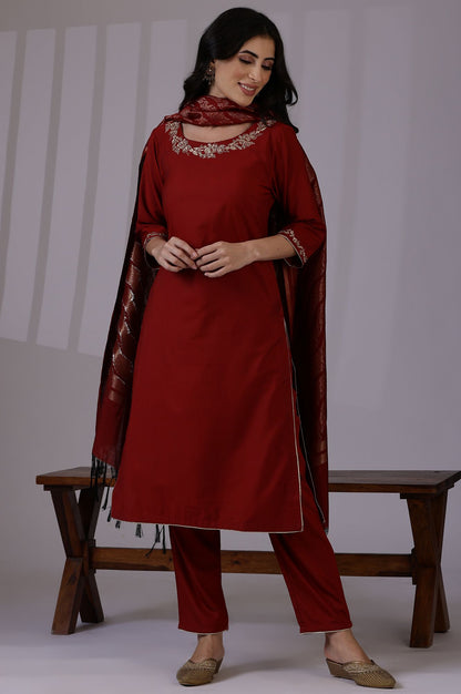 Maroon Zari Embroidered Straight Kurta with Pants and Dupatta Set