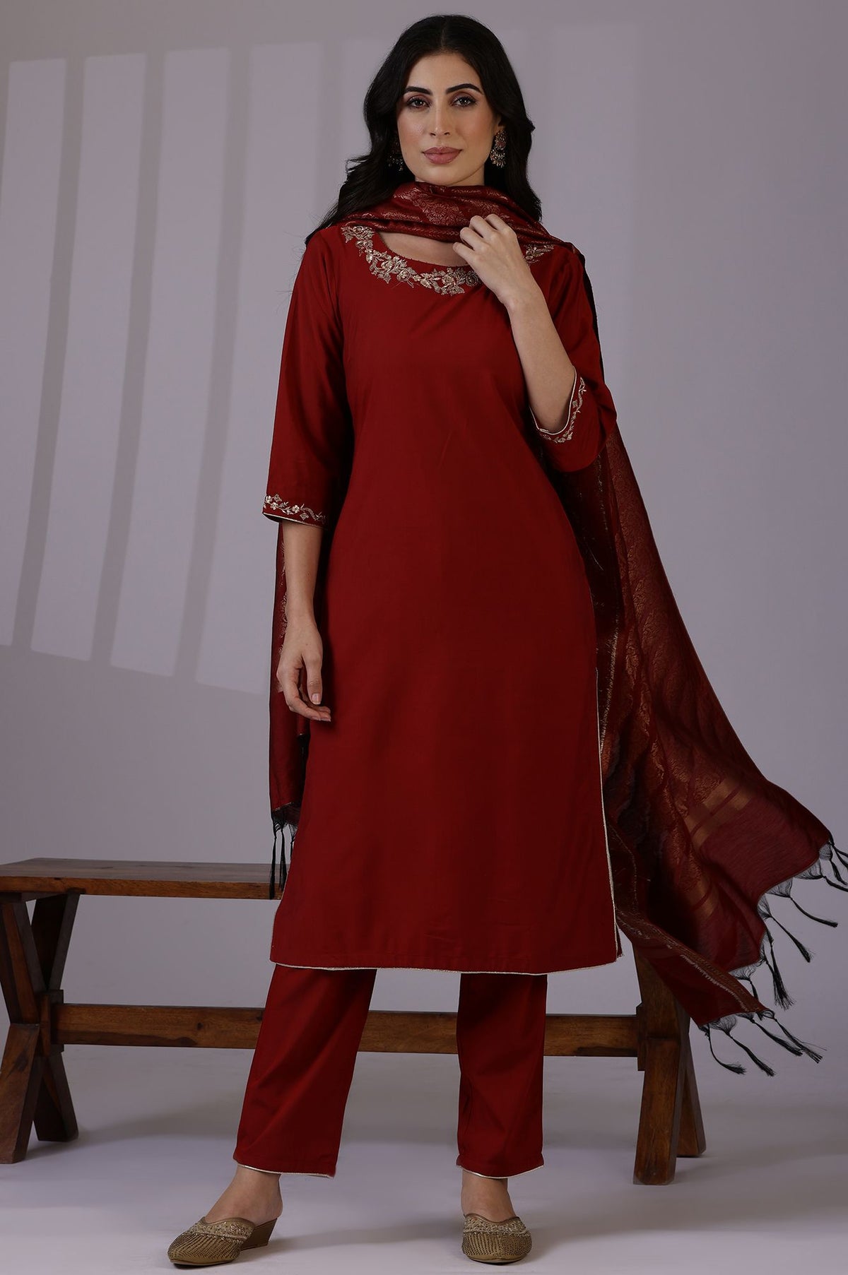 Maroon Zari Embroidered Straight Kurta with Pants and Dupatta Set