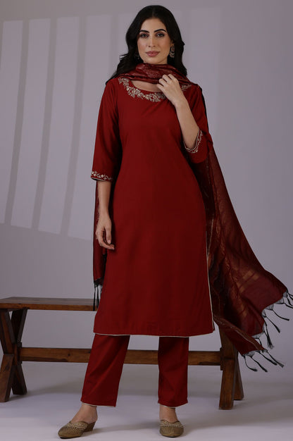 Maroon Zari Embroidered Straight Kurta with Pants and Dupatta Set