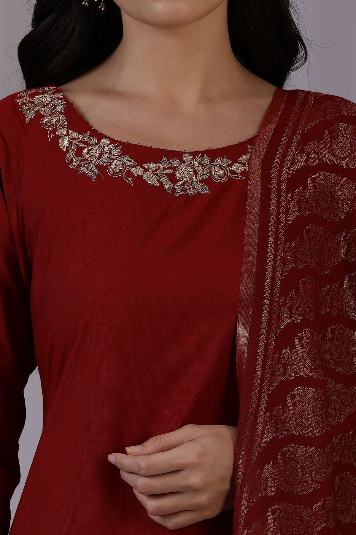 Maroon Zari Embroidered Straight Kurta with Pants and Dupatta Set