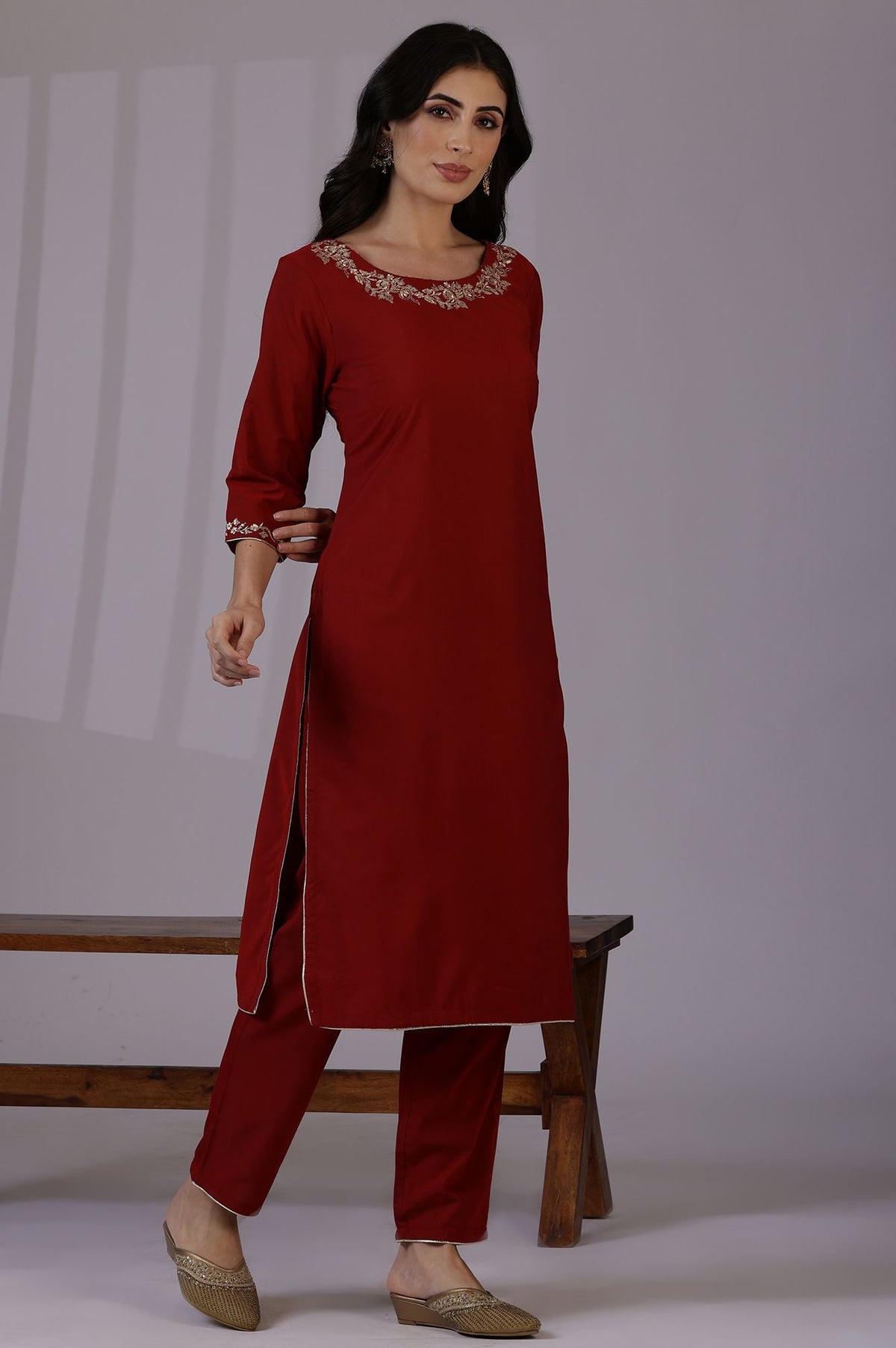 Maroon Zari Embroidered Straight Kurta with Pants and Dupatta Set