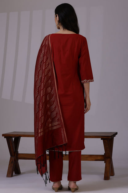 Maroon Zari Embroidered Straight Kurta with Pants and Dupatta Set