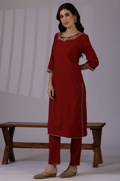 Maroon Zari Embroidered Straight Kurta with Pants and Dupatta Set