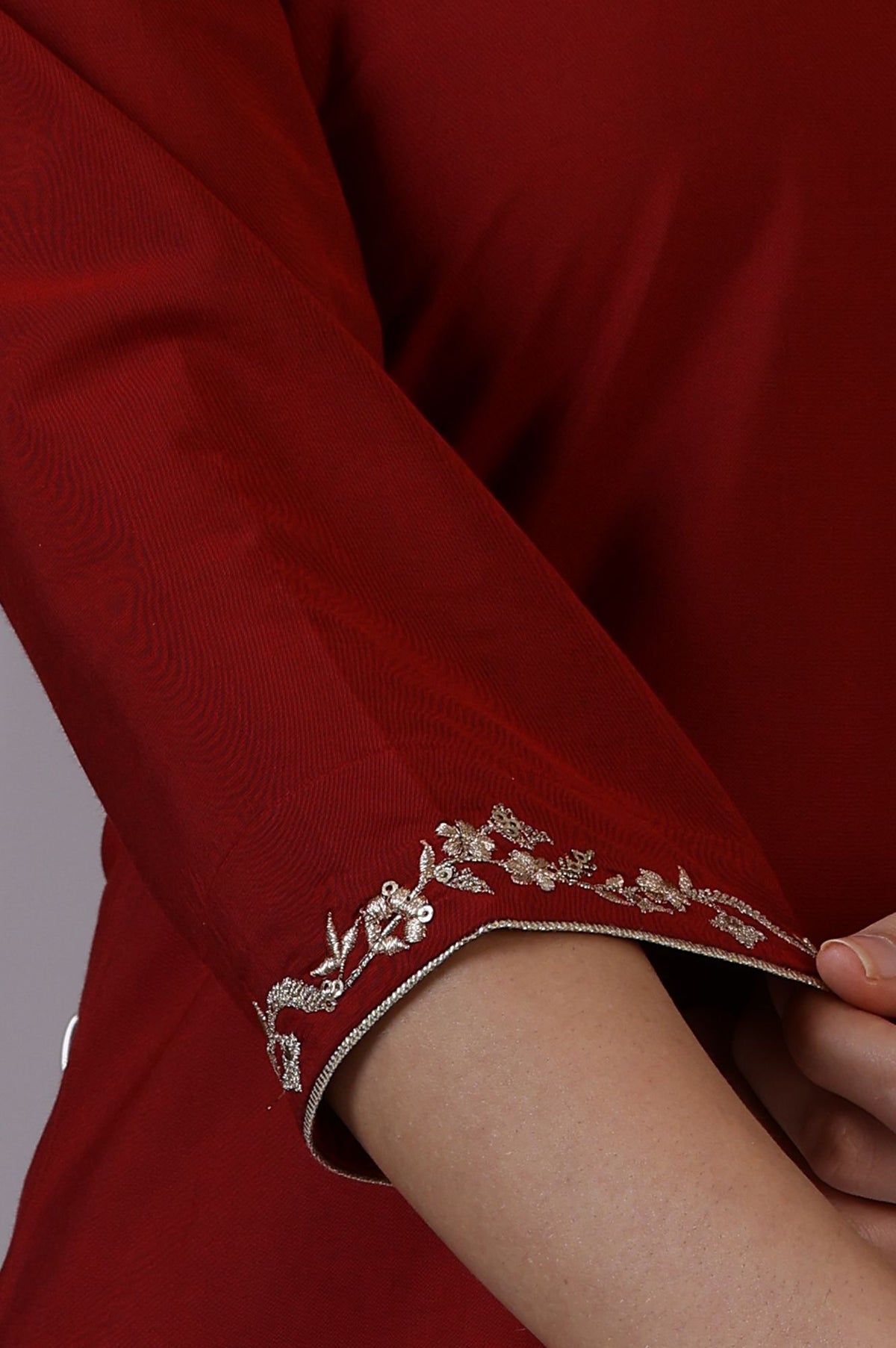 Maroon Zari Embroidered Straight Kurta with Pants and Dupatta Set