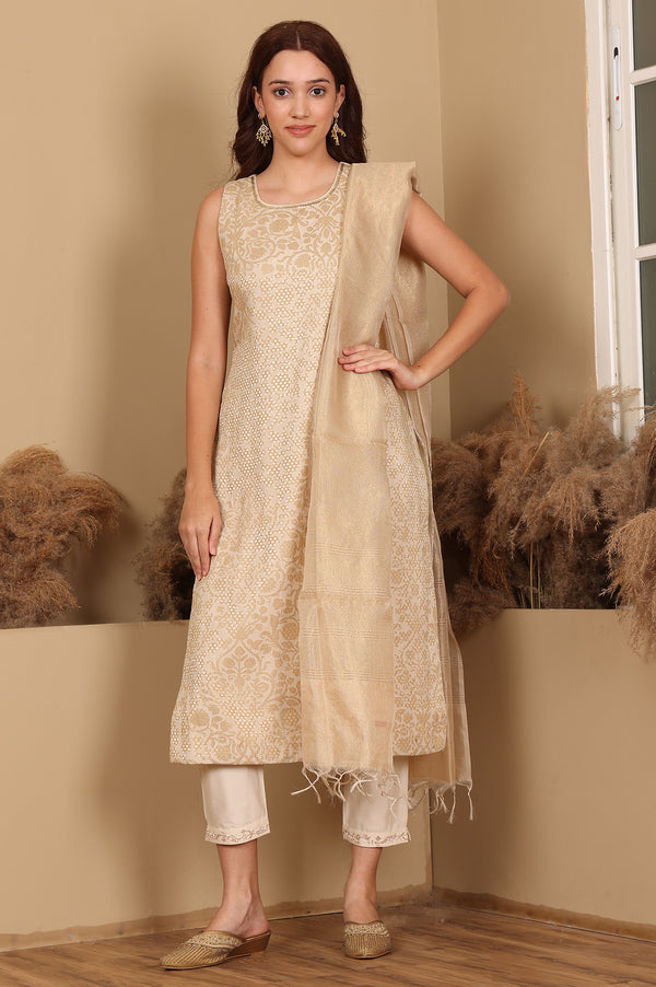 Beige Jacquard Sleeveless Embellished Kurta, Pants And Dupatta Set