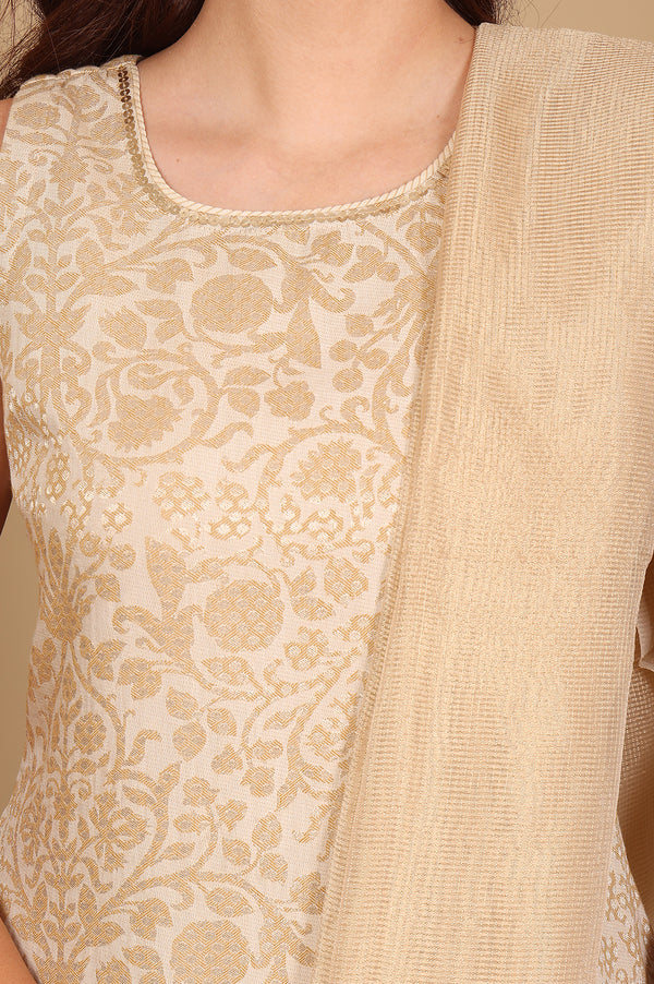 Beige Jacquard Sleeveless Embellished Kurta, Pants And Dupatta Set