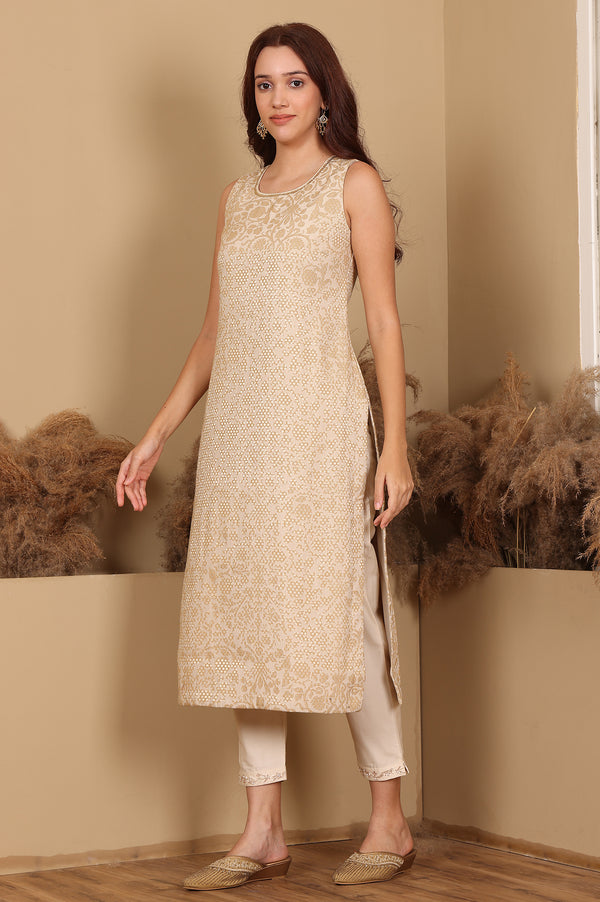 Beige Jacquard Sleeveless Embellished Kurta, Pants And Dupatta Set