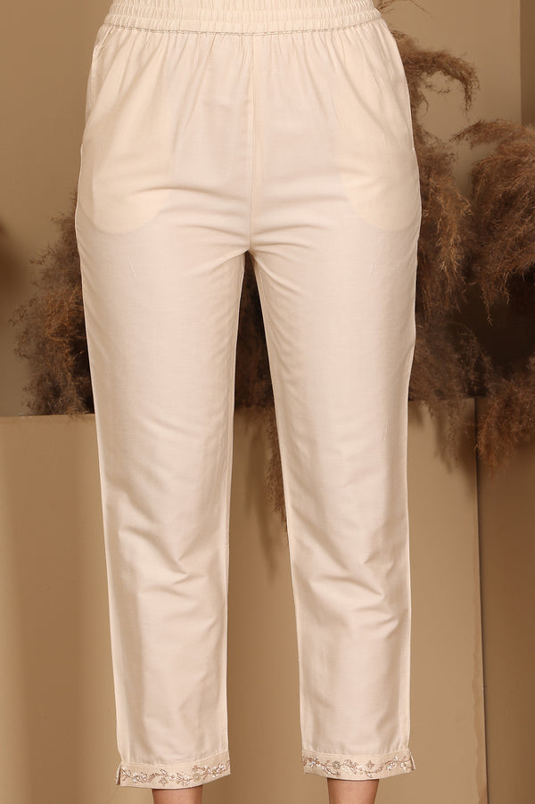 Beige Jacquard Sleeveless Embellished Kurta, Pants And Dupatta Set