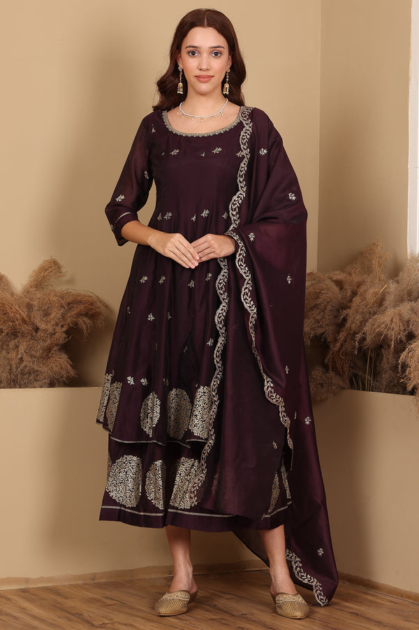Purple Floral Printed Dori Embroidered Chanderi Flared Kurta With Mock Layer And Dupatta Set