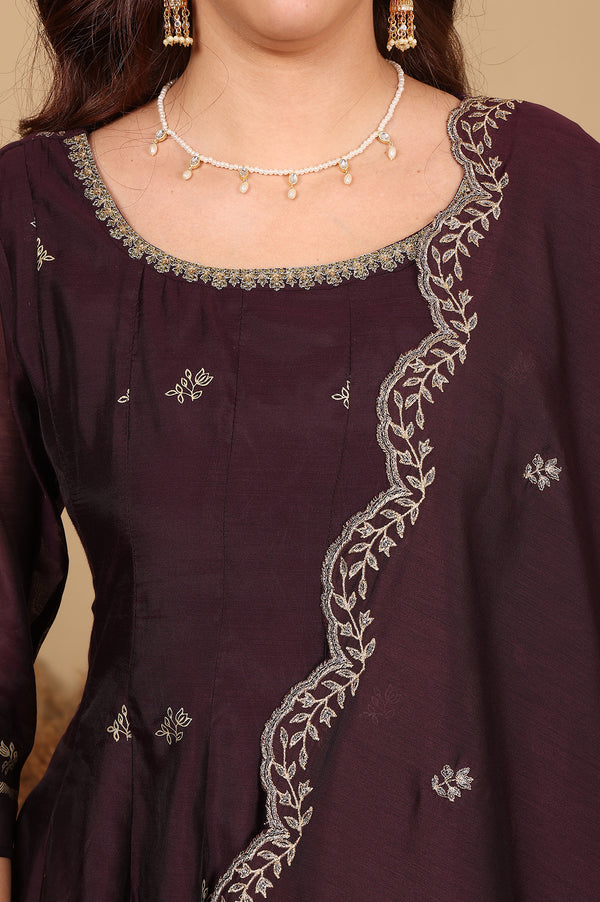 Purple Floral Printed Dori Embroidered Chanderi Flared Kurta With Mock Layer And Dupatta Set