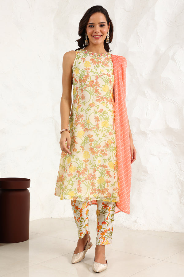 White Floral Printed Thread Embroidered Neck Chiffon A-Line Kurta, Straight Pants And Dupatta Set