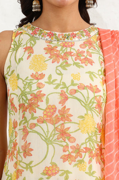 White Floral Printed Thread Embroidered Neck Chiffon A-Line Kurta, Straight Pants And Dupatta Set - wforwoman