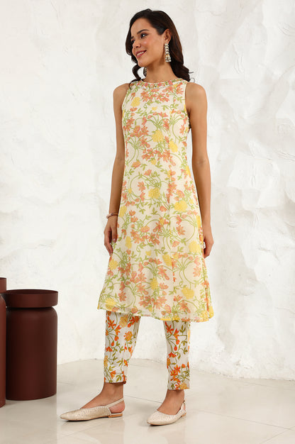 White Floral Printed Thread Embroidered Neck Chiffon A-Line Kurta, Straight Pants And Dupatta Set - wforwoman