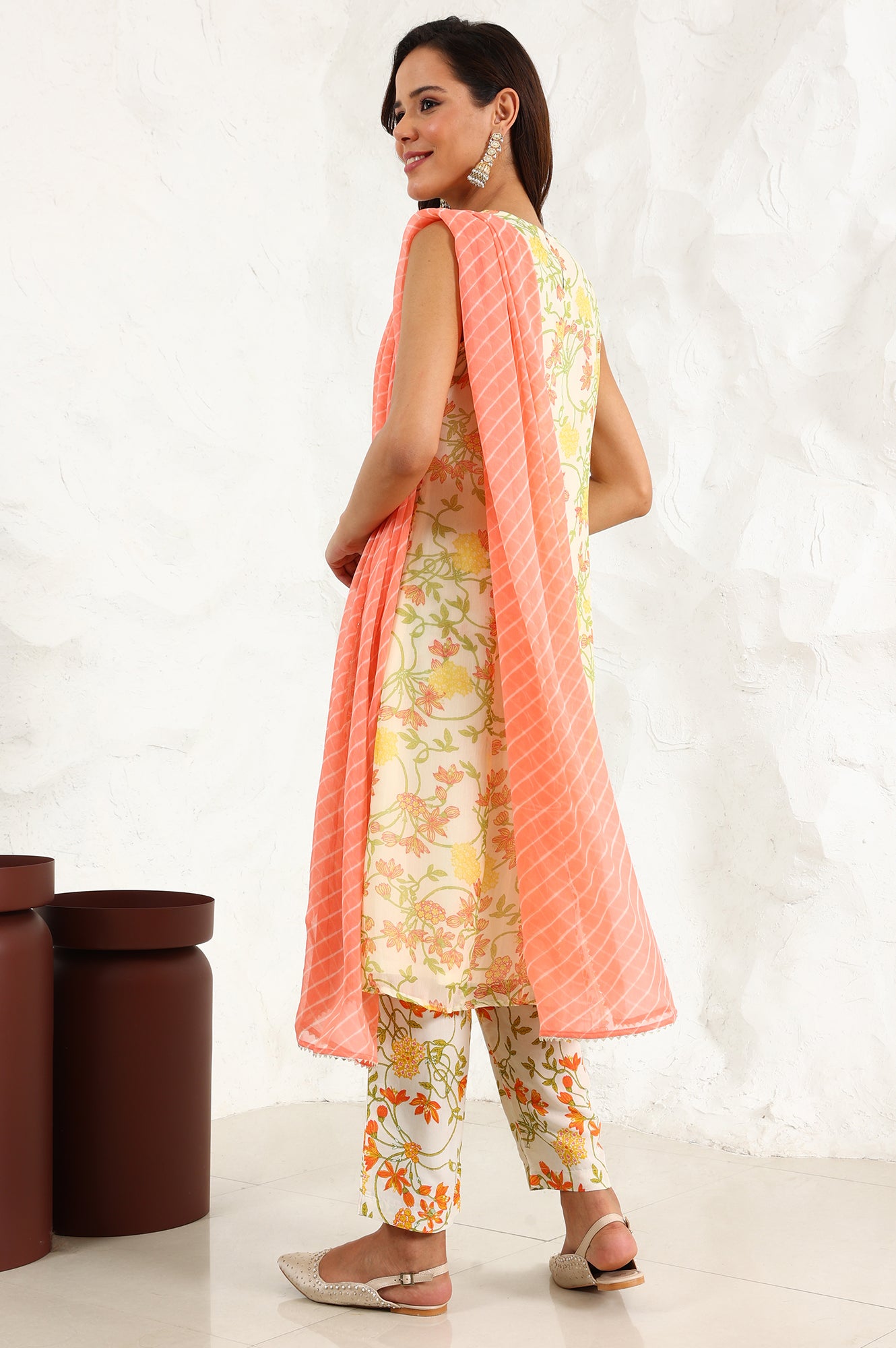 White Floral Printed Thread Embroidered Neck Chiffon A-Line Kurta, Straight Pants And Dupatta Set - wforwoman