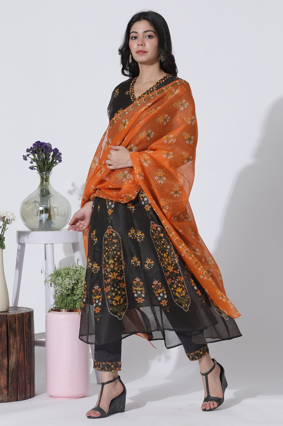 Black Floral Printed Flared Kota Kurta, Pants And Dupatta Set - XS