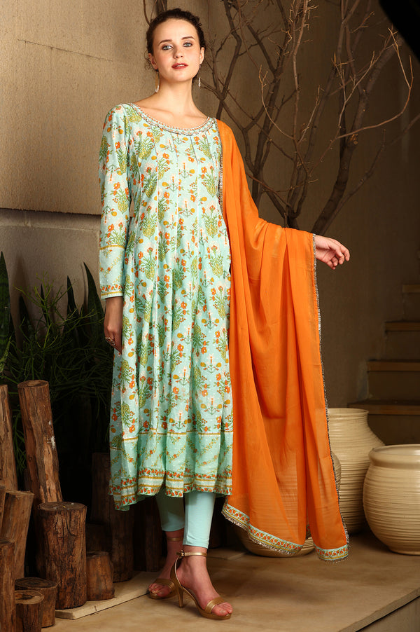 Blue Floral Printed Embellished Panelled Chanderi Kurta, Tights And Dupatta Set