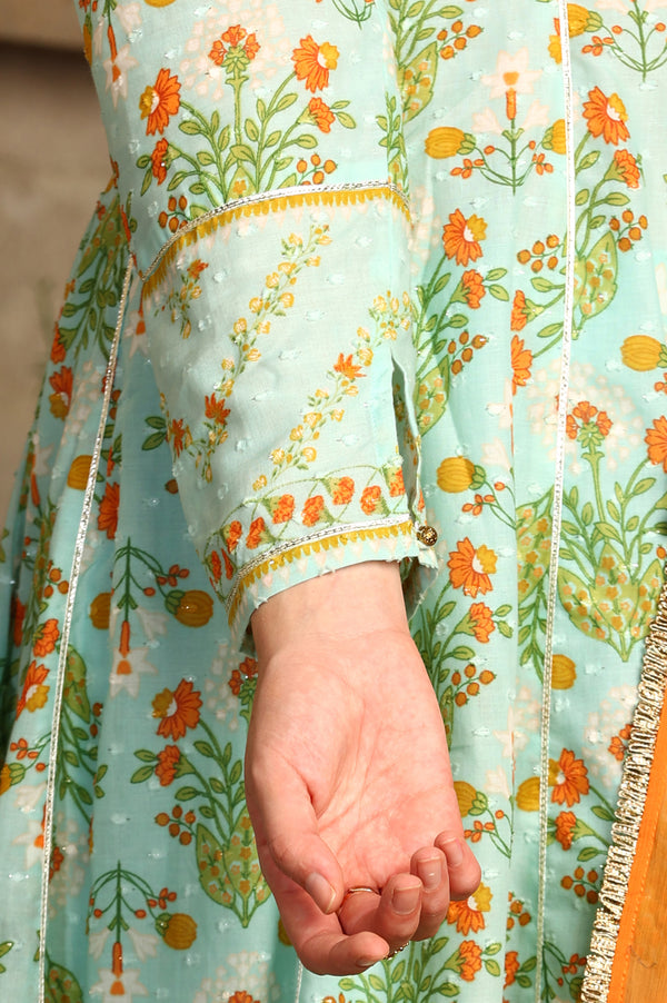 Blue Floral Printed Embellished Panelled Chanderi Kurta, Tights And Dupatta Set