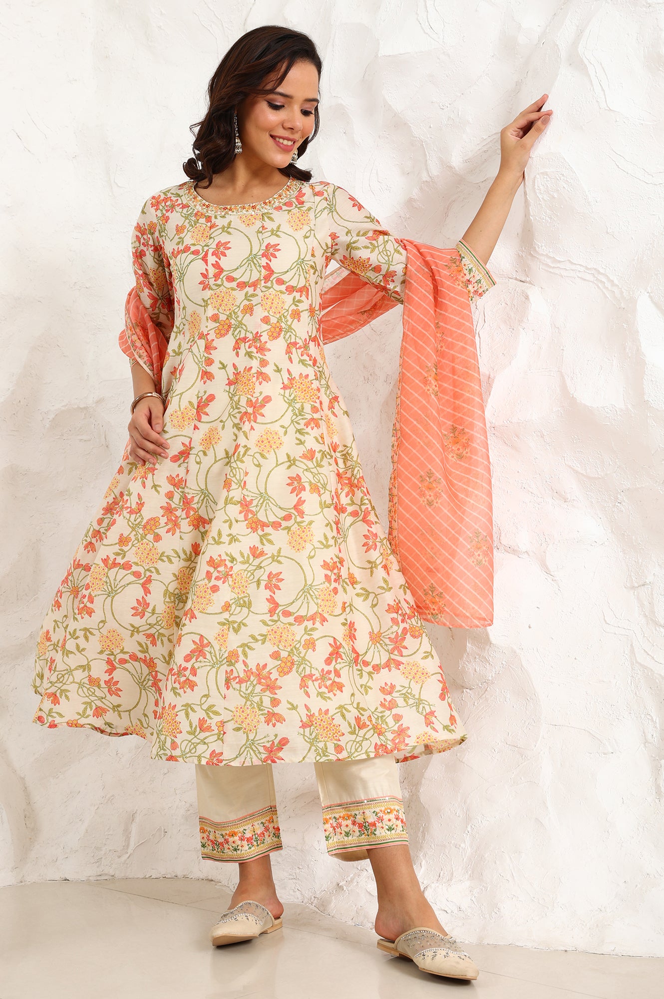 White Floral Printed Thread Embroidered Neck Chiffon Flared Kurta, Straight Pants And Dupatta Set - wforwoman